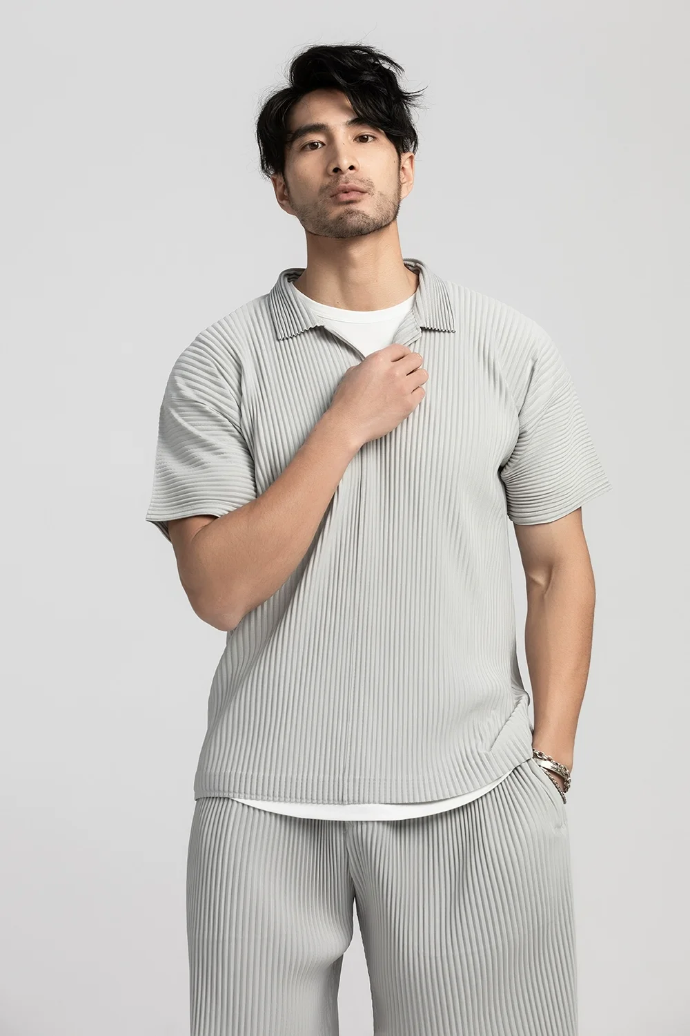Miyake Pleated Men Polo Shirt Short-sleeved Lapel T Shirt Breathable Loose Casual Plain Top Miyake Men