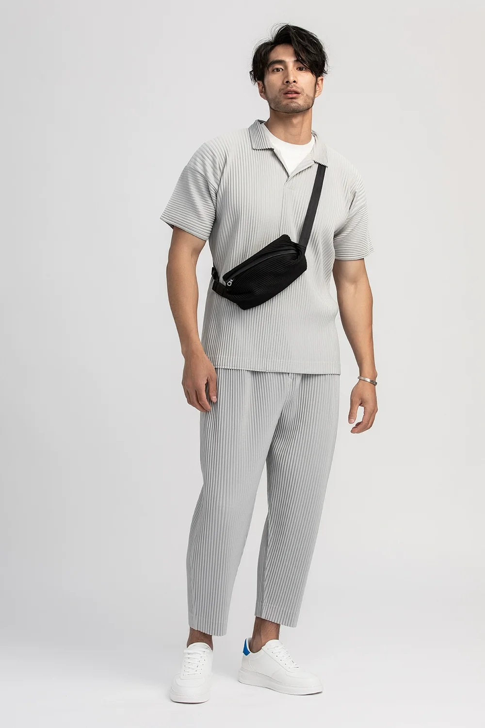 Miyake Pleated Men Polo Shirt Short-sleeved Lapel T Shirt Breathable Loose Casual Plain Top Miyake Men