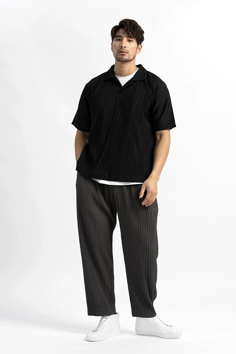 Miyake Pleated Men Polo Shirt Short-sleeved Lapel T Shirt Breathable Loose Casual Plain Top Miyake Men