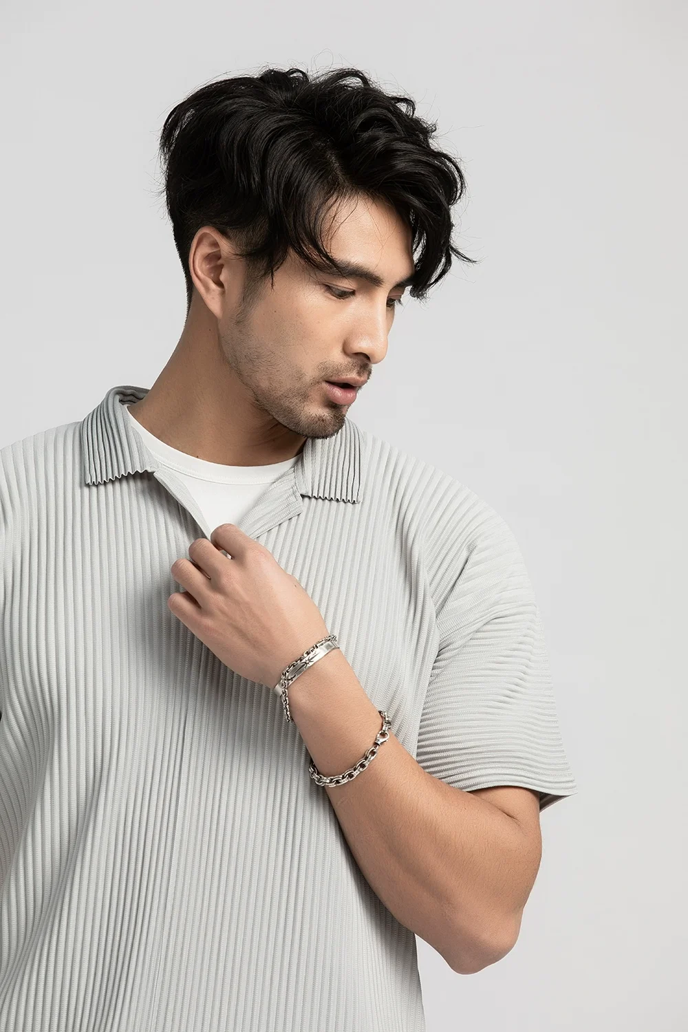 Miyake Pleated Men Polo Shirt Short-sleeved Lapel T Shirt Breathable Loose Casual Plain Top Miyake Men