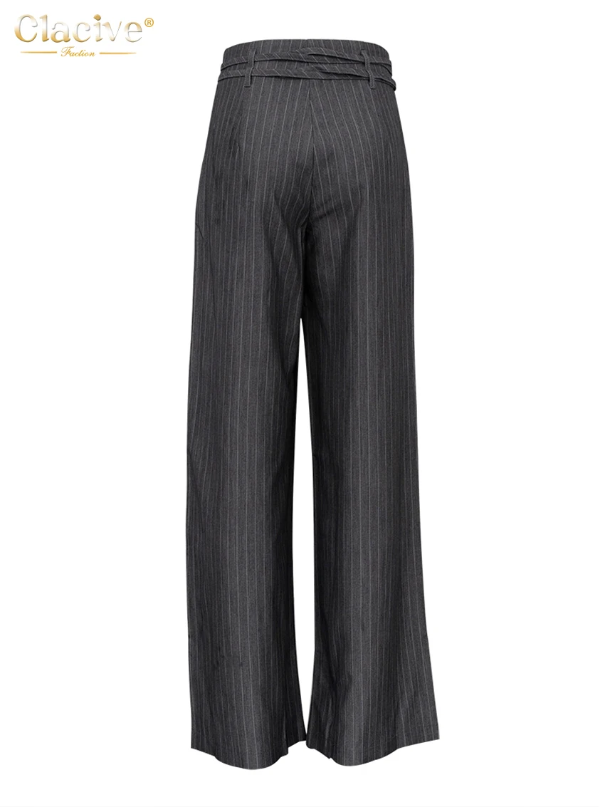 Clacive Fashion Loose Gray Stripe Women's Pants 2025 Elegant High Waist Wide Trousers Vintage Classic Full Length Pants Female