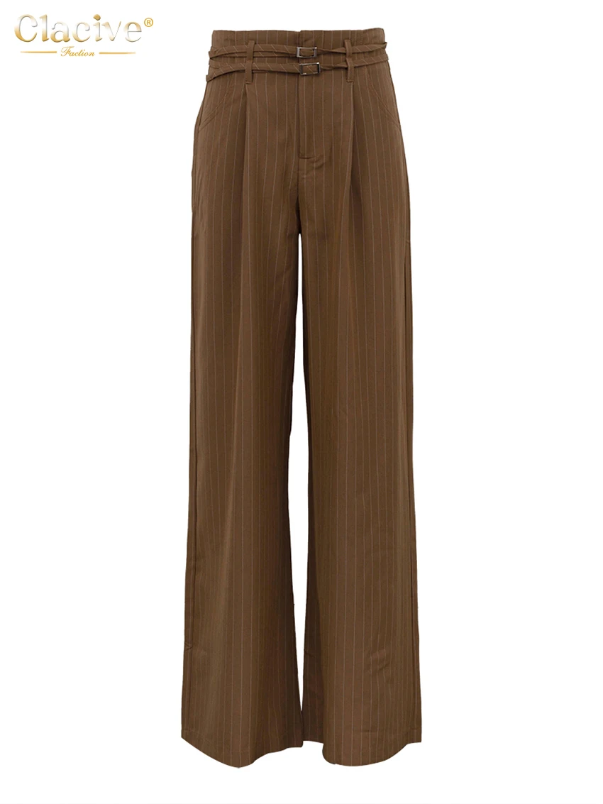 Clacive Fashion Loose Gray Stripe Women's Pants 2025 Elegant High Waist Wide Trousers Vintage Classic Full Length Pants Female