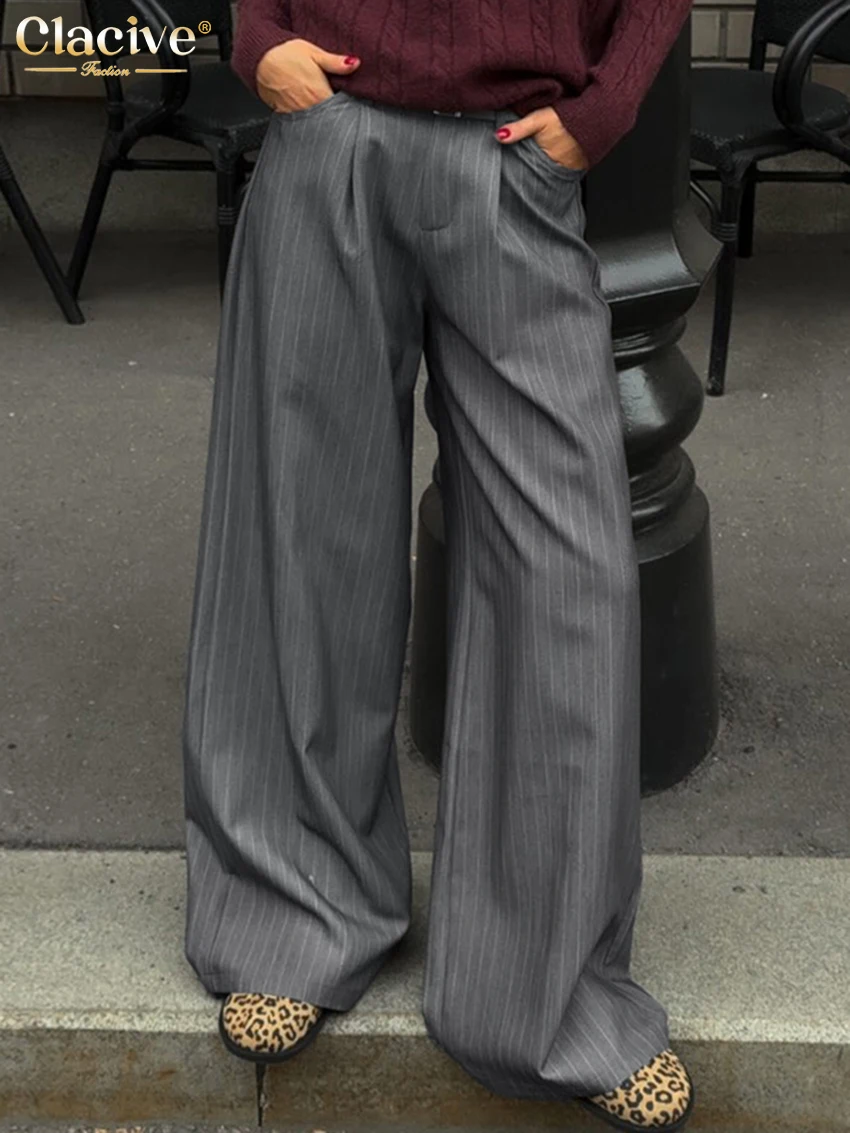 Clacive Fashion Loose Gray Stripe Women's Pants 2025 Elegant High Waist Wide Trousers Vintage Classic Full Length Pants Female