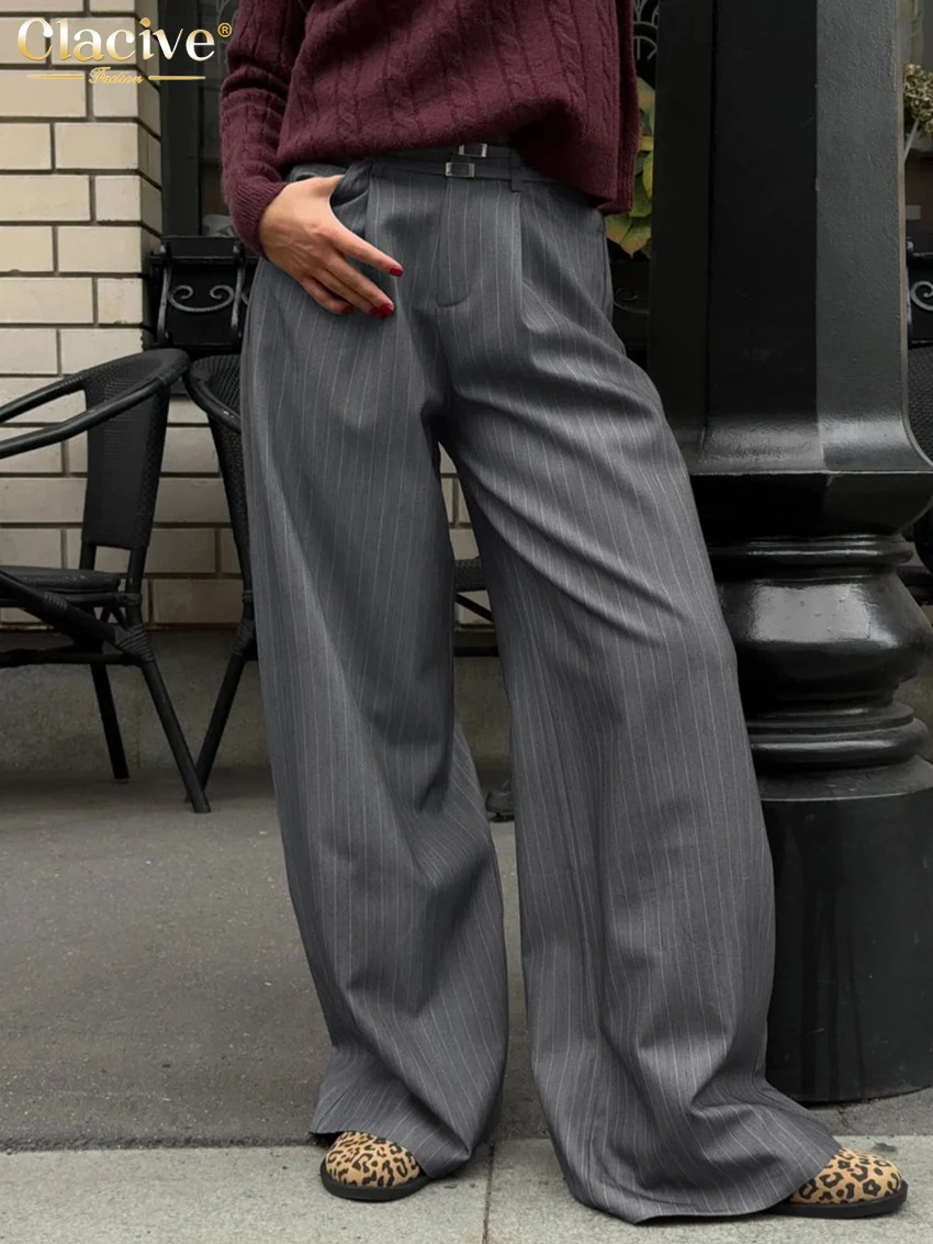 Clacive Fashion Loose Gray Stripe Women's Pants 2025 Elegant High Waist Wide Trousers Vintage Classic Full Length Pants Female
