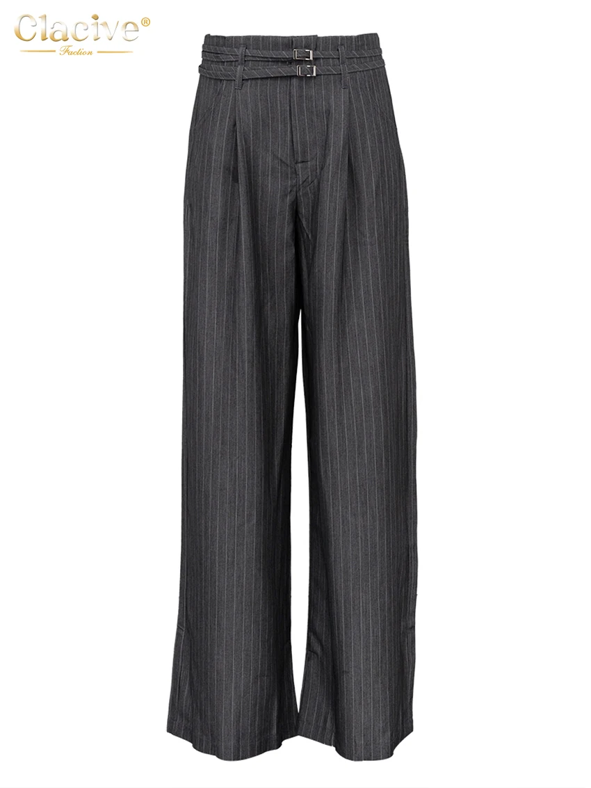 Clacive Fashion Loose Gray Stripe Women's Pants 2025 Elegant High Waist Wide Trousers Vintage Classic Full Length Pants Female
