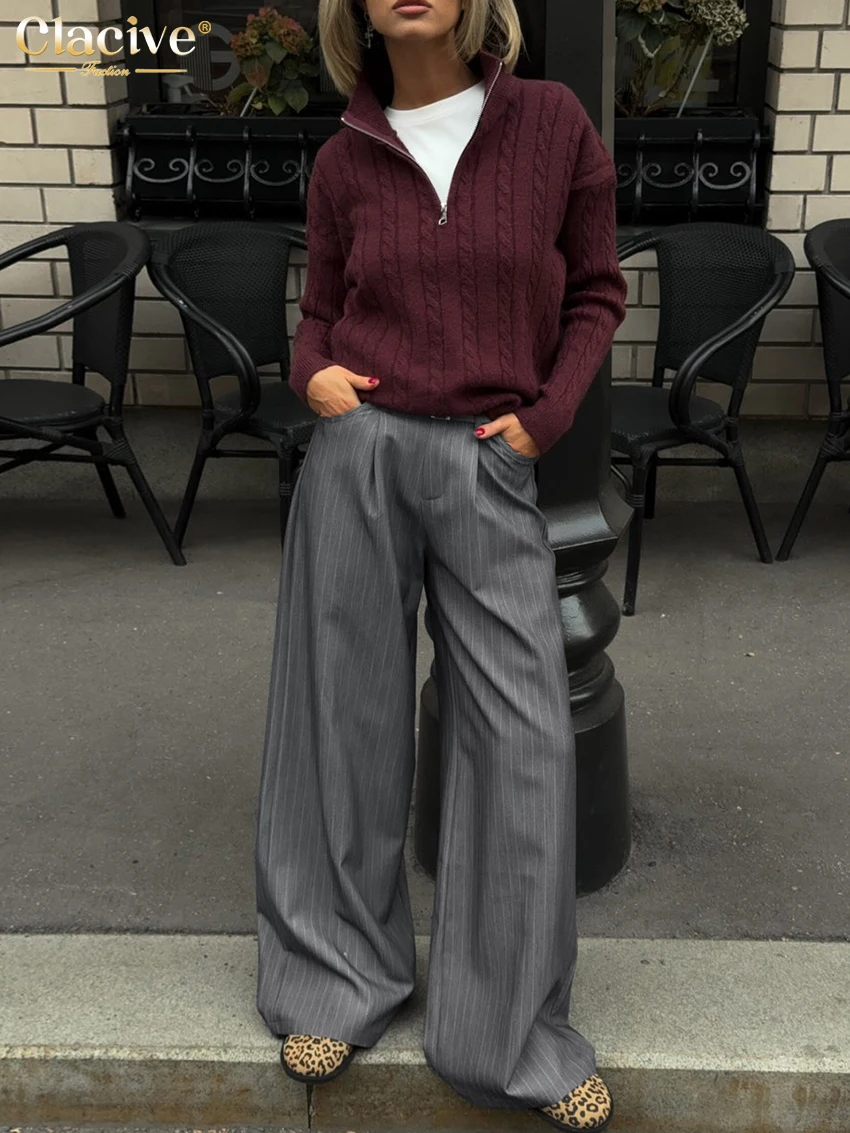 Clacive Fashion Loose Gray Stripe Women's Pants 2025 Elegant High Waist Wide Trousers Vintage Classic Full Length Pants Female