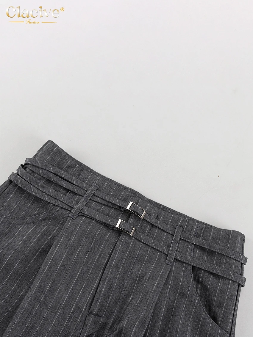 Clacive Fashion Loose Gray Stripe Women's Pants 2025 Elegant High Waist Wide Trousers Vintage Classic Full Length Pants Female