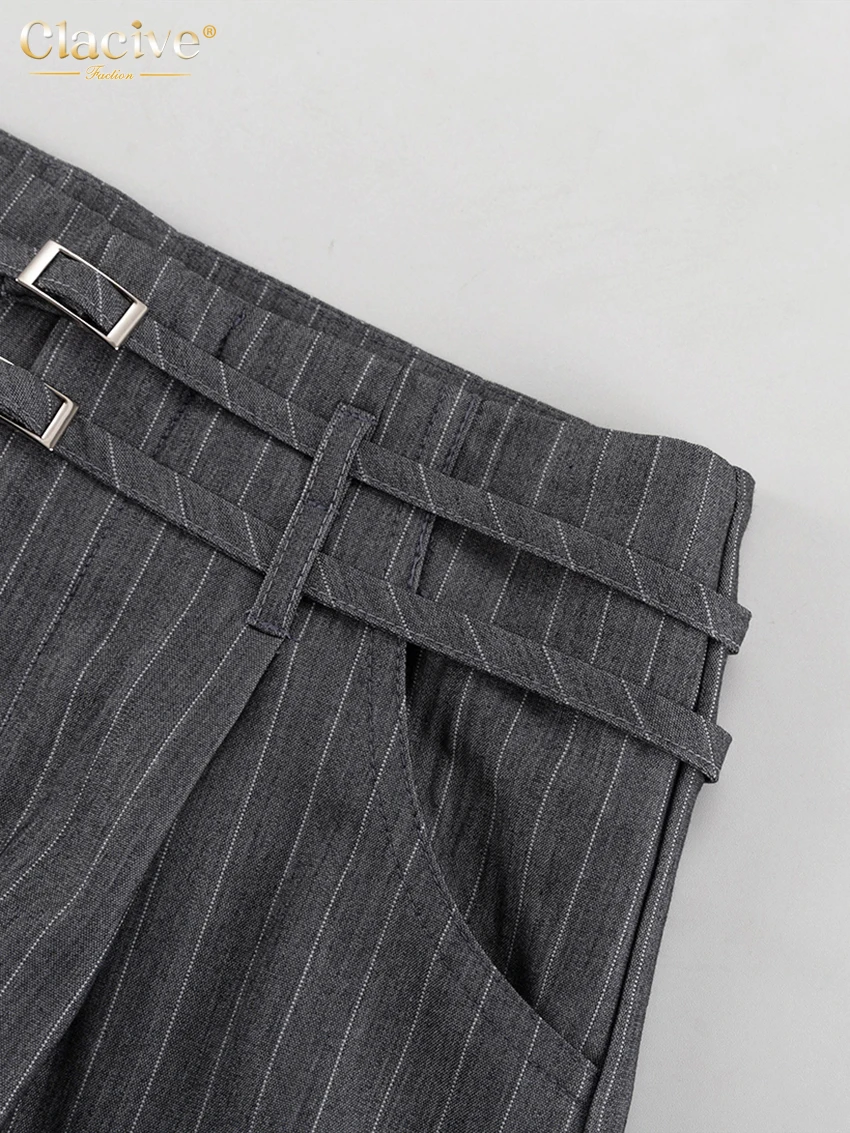 Clacive Fashion Loose Gray Stripe Women's Pants 2025 Elegant High Waist Wide Trousers Vintage Classic Full Length Pants Female