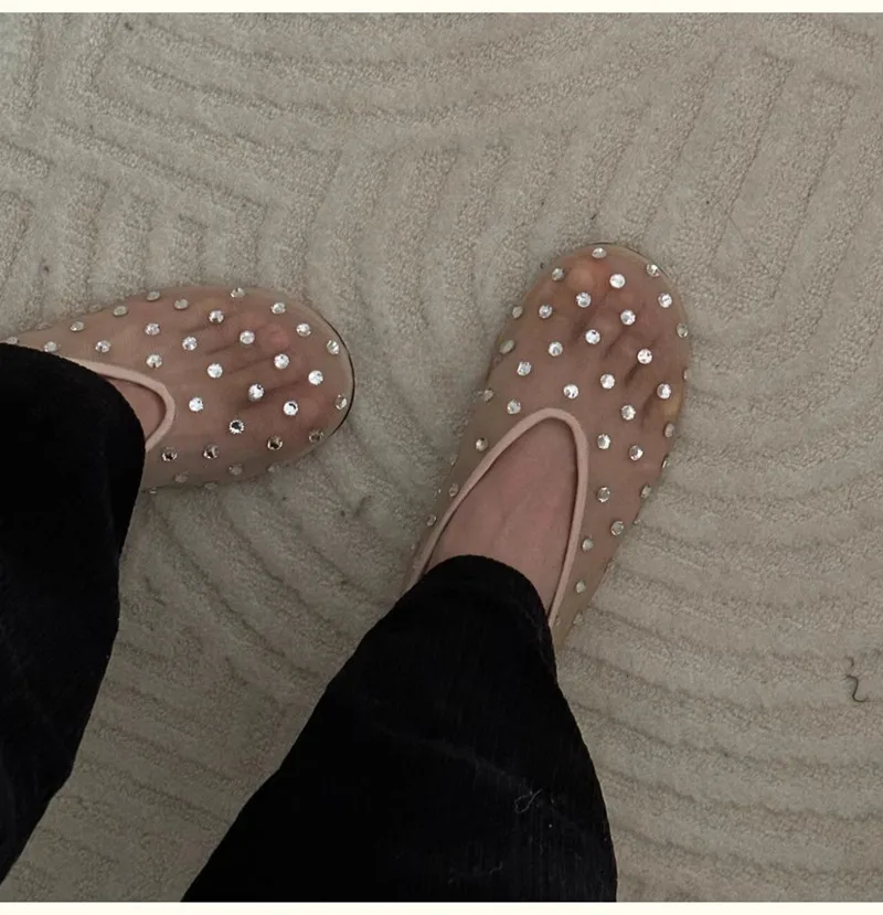 Fashion Crystal Women Ballet Flats Mesh Dance Flat Shoes Casual Driving Walking Loafers Espadrilles Ladies Slip-on Lazy Shoes