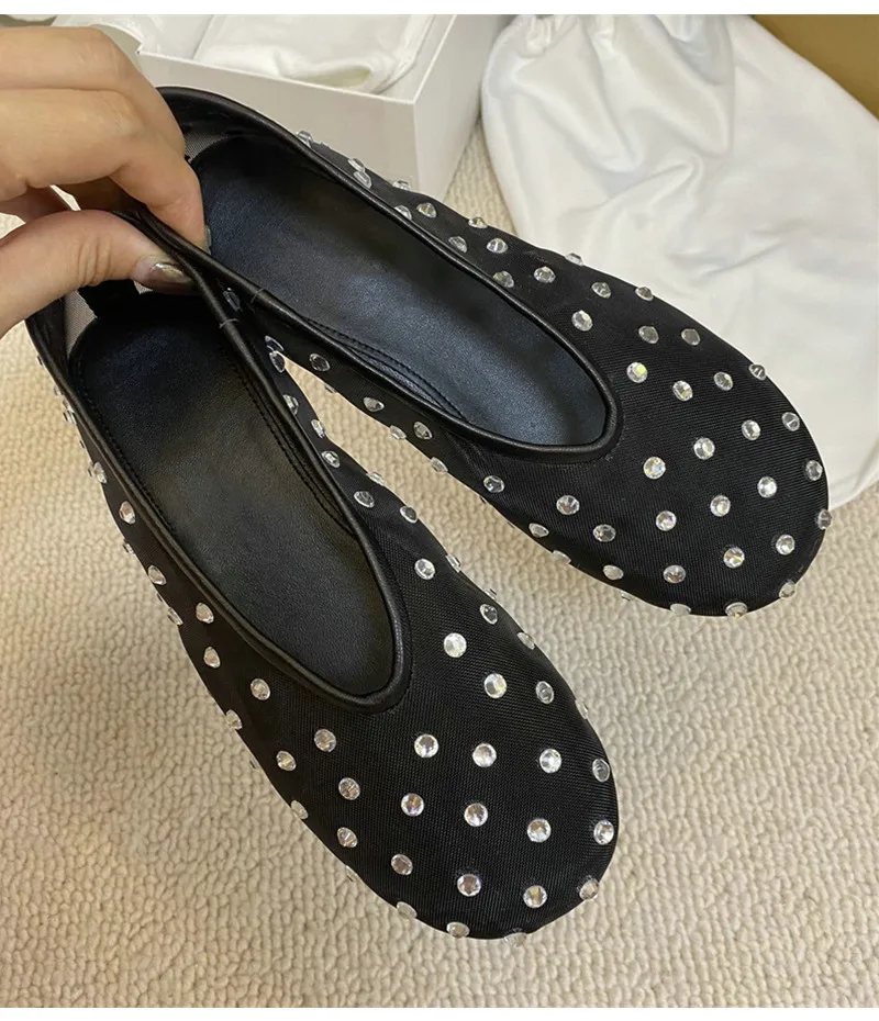 Fashion Crystal Women Ballet Flats Mesh Dance Flat Shoes Casual Driving Walking Loafers Espadrilles Ladies Slip-on Lazy Shoes