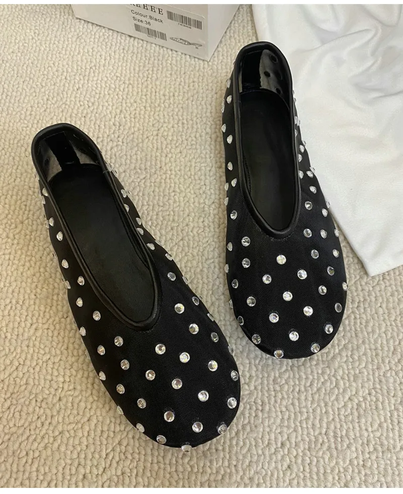 Fashion Crystal Women Ballet Flats Mesh Dance Flat Shoes Casual Driving Walking Loafers Espadrilles Ladies Slip-on Lazy Shoes