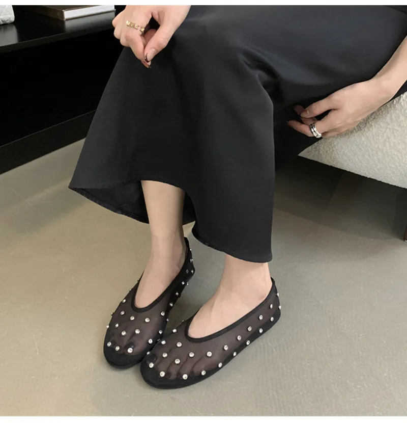 Fashion Crystal Women Ballet Flats Mesh Dance Flat Shoes Casual Driving Walking Loafers Espadrilles Ladies Slip-on Lazy Shoes