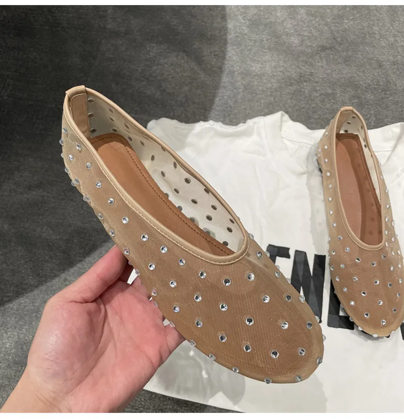 Fashion Crystal Women Ballet Flats Mesh Dance Flat Shoes Casual Driving Walking Loafers Espadrilles Ladies Slip-on Lazy Shoes