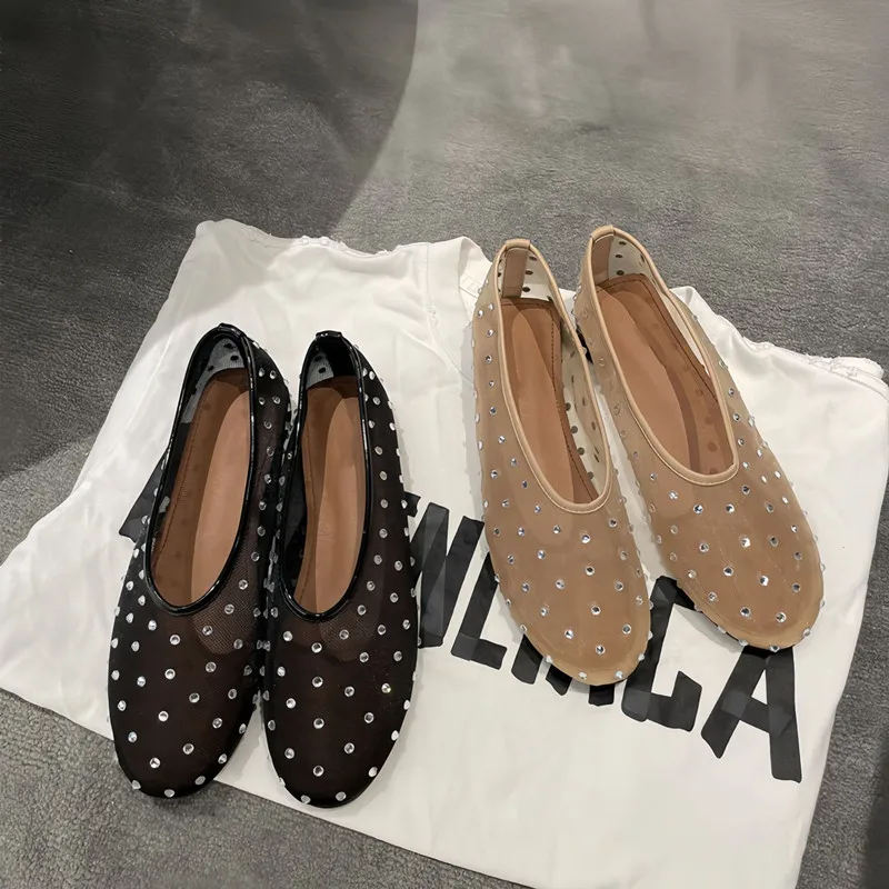 Fashion Crystal Women Ballet Flats Mesh Dance Flat Shoes Casual Driving Walking Loafers Espadrilles Ladies Slip-on Lazy Shoes
