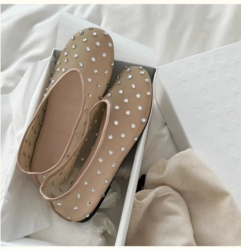 Fashion Crystal Women Ballet Flats Mesh Dance Flat Shoes Casual Driving Walking Loafers Espadrilles Ladies Slip-on Lazy Shoes