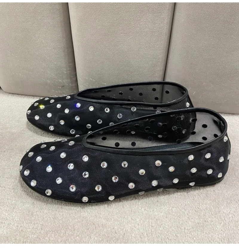 Fashion Crystal Women Ballet Flats Mesh Dance Flat Shoes Casual Driving Walking Loafers Espadrilles Ladies Slip-on Lazy Shoes