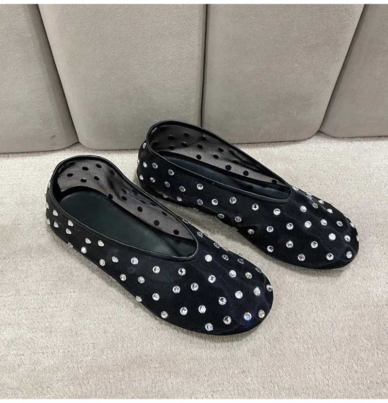 Fashion Crystal Women Ballet Flats Mesh Dance Flat Shoes Casual Driving Walking Loafers Espadrilles Ladies Slip-on Lazy Shoes