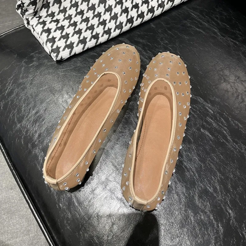 Fashion Crystal Women Ballet Flats Mesh Dance Flat Shoes Casual Driving Walking Loafers Espadrilles Ladies Slip-on Lazy Shoes