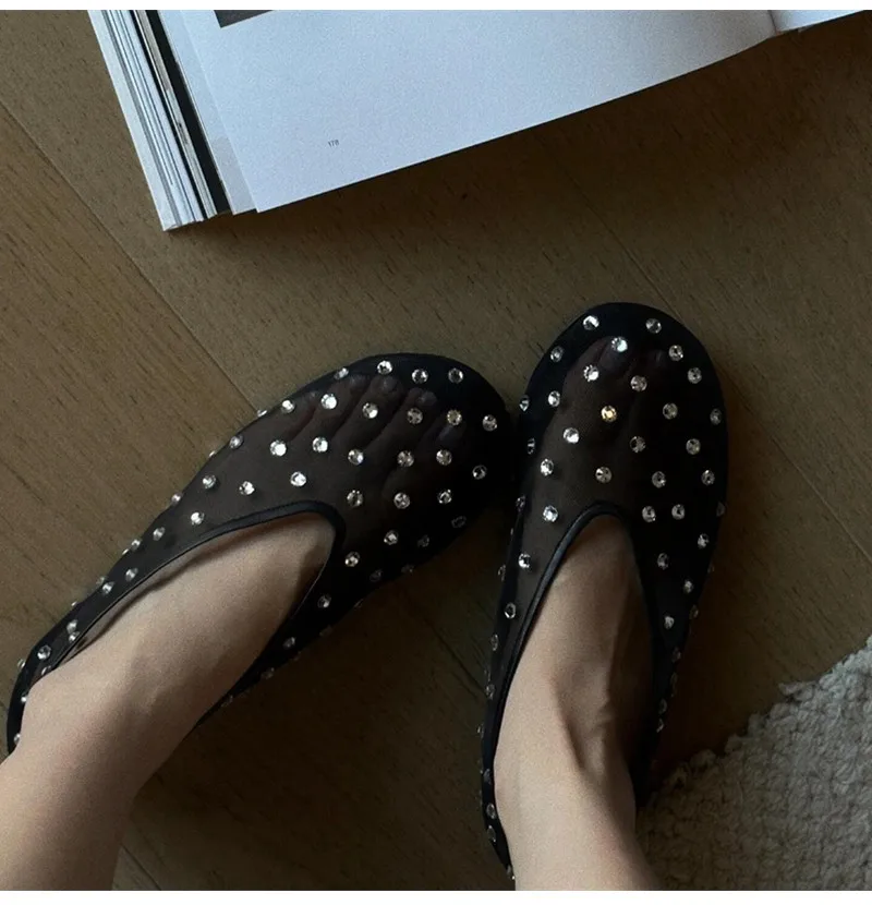 Fashion Crystal Women Ballet Flats Mesh Dance Flat Shoes Casual Driving Walking Loafers Espadrilles Ladies Slip-on Lazy Shoes