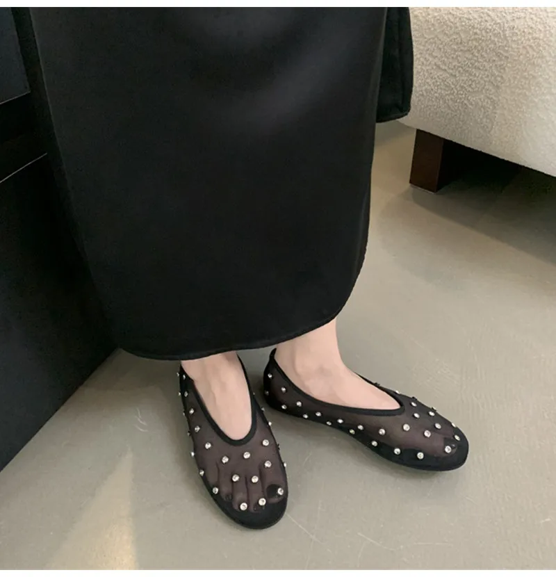 Fashion Crystal Women Ballet Flats Mesh Dance Flat Shoes Casual Driving Walking Loafers Espadrilles Ladies Slip-on Lazy Shoes