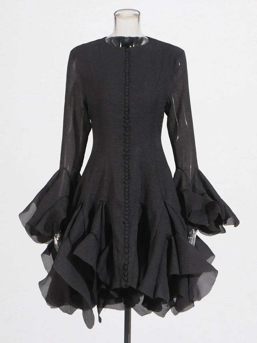 TWOTWINSTYLE Solid Spliced Button Slimming Dresses For Women O Neck Long Sleeve High Waist Patchwork Ruffles Female Fashion New