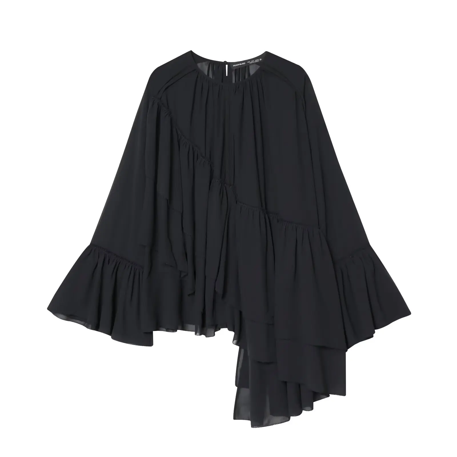 2027 Spring Autumn Women's Vintage Loose Oversized Ruffles Tierred Shirts Lady Elegant Black Brown O-neck Street Layered Blouses