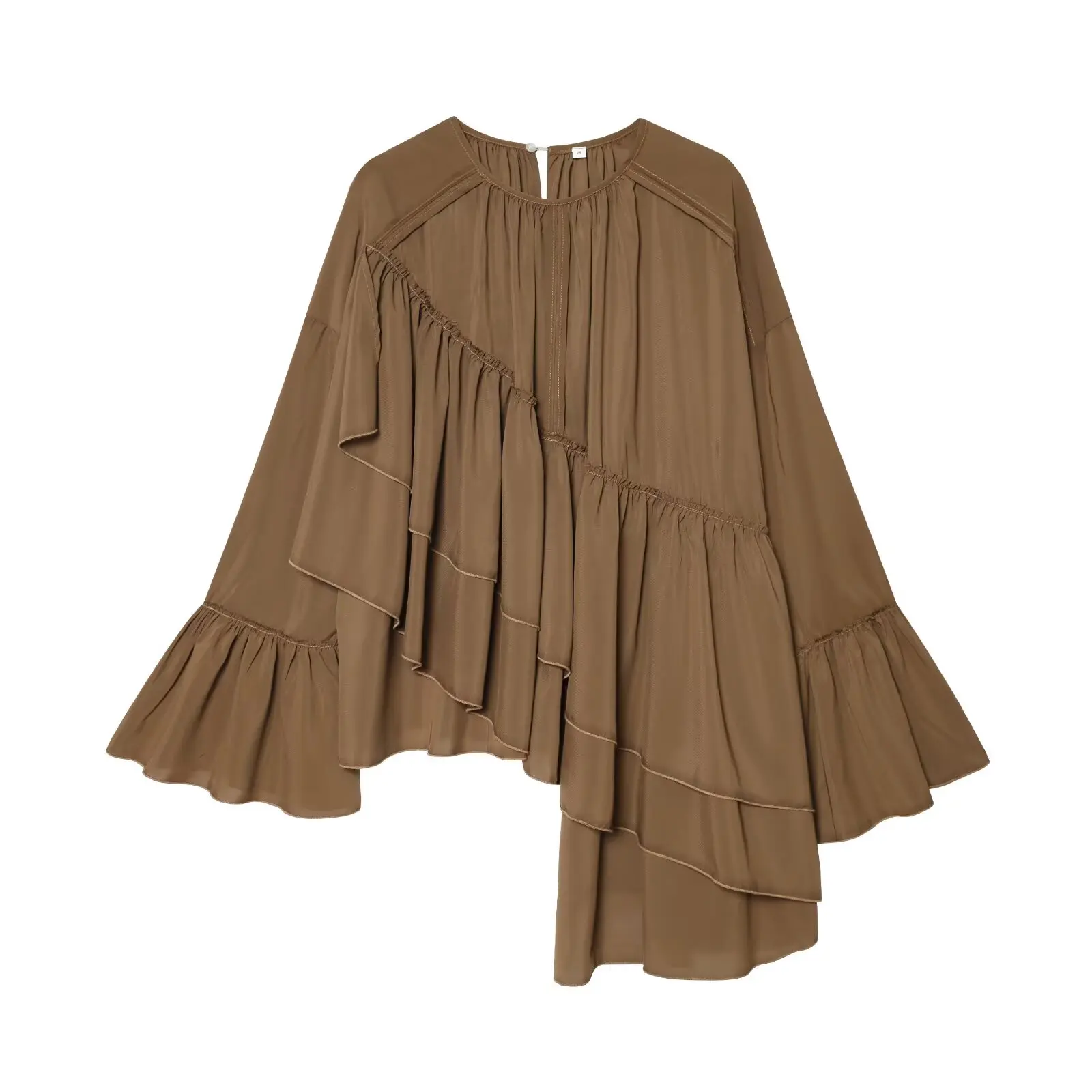 2027 Spring Autumn Women's Vintage Loose Oversized Ruffles Tierred Shirts Lady Elegant Black Brown O-neck Street Layered Blouses