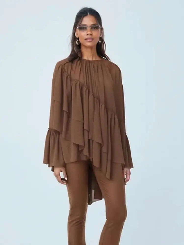 2027 Spring Autumn Women's Vintage Loose Oversized Ruffles Tierred Shirts Lady Elegant Black Brown O-neck Street Layered Blouses