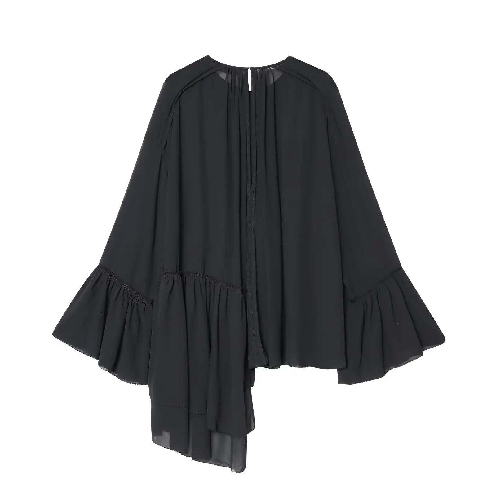 2027 Spring Autumn Women's Vintage Loose Oversized Ruffles Tierred Shirts Lady Elegant Black Brown O-neck Street Layered Blouses