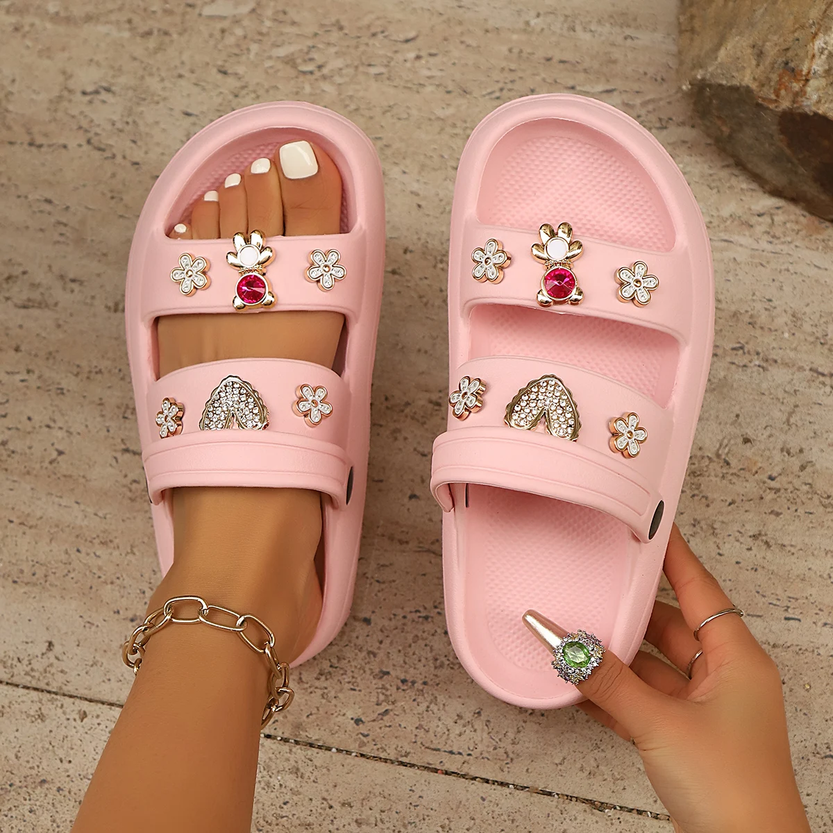Summer Women Slippers Diamond Bear Floral Heart Decor Sandals Vacation Beach Parties Home Versatile Multi-Color Women Slides