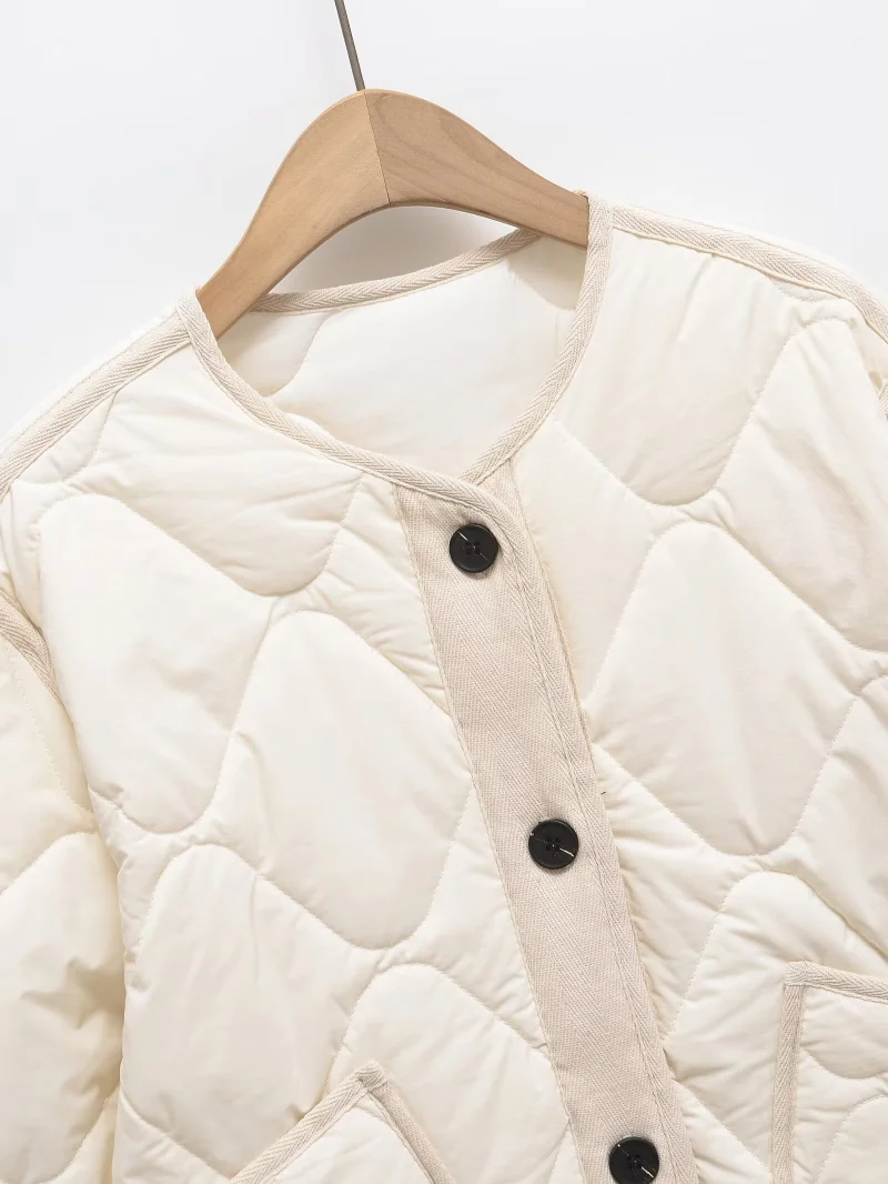 ETJ 2025 Spring new women's vintage crewneck quilted cotton-padded loose version of quilted casual jacket