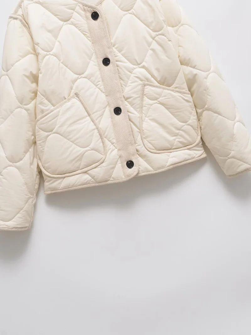 ETJ 2025 Spring new women's vintage crewneck quilted cotton-padded loose version of quilted casual jacket