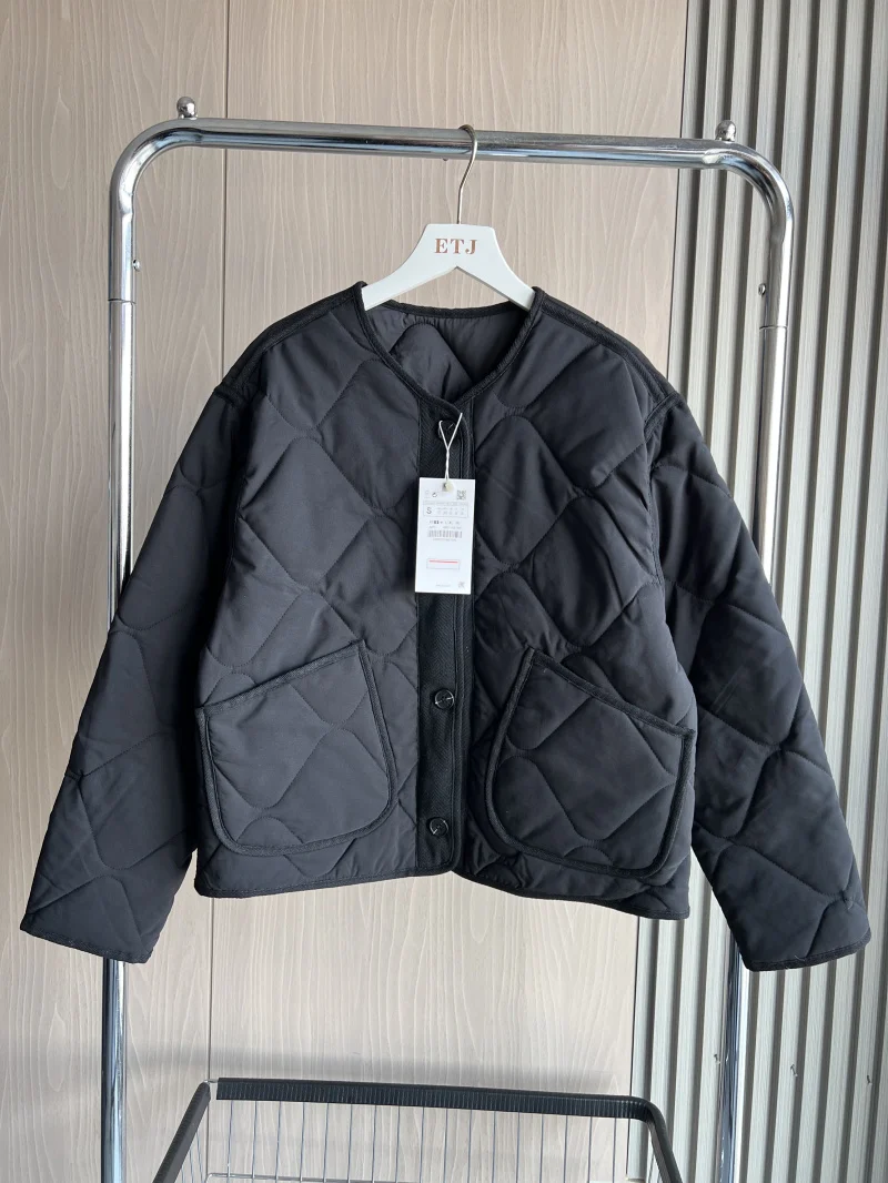 ETJ 2025 Spring new women's vintage crewneck quilted cotton-padded loose version of quilted casual jacket