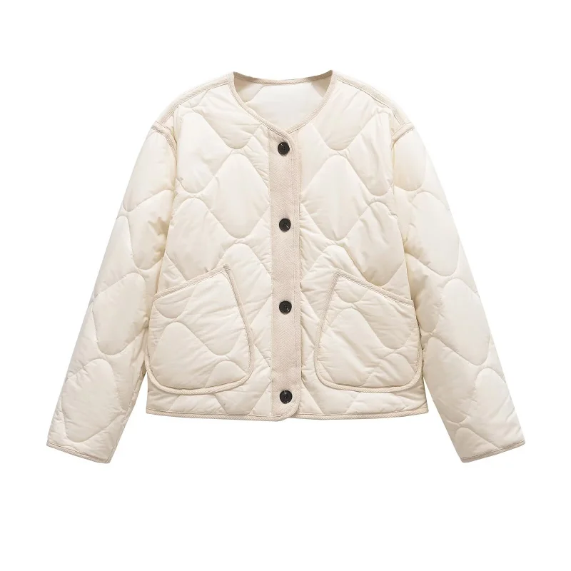 ETJ 2025 Spring new women's vintage crewneck quilted cotton-padded loose version of quilted casual jacket