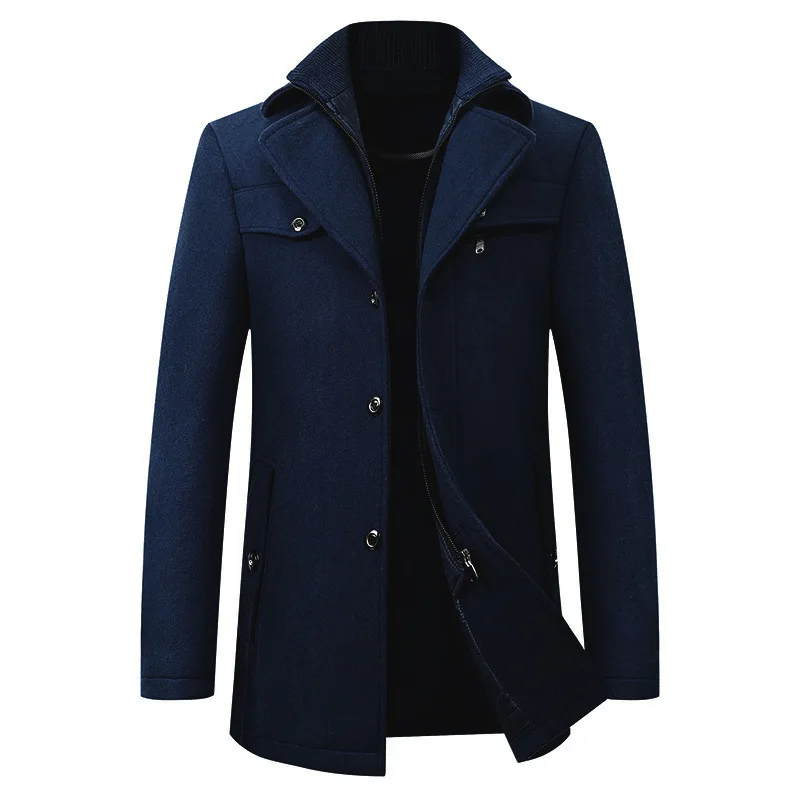 2026 Autumn Winter Men's Double Collar Woolen Coat Medium Length Style Casual Cotton Thickened Warm Outdoor Pure Color Coat