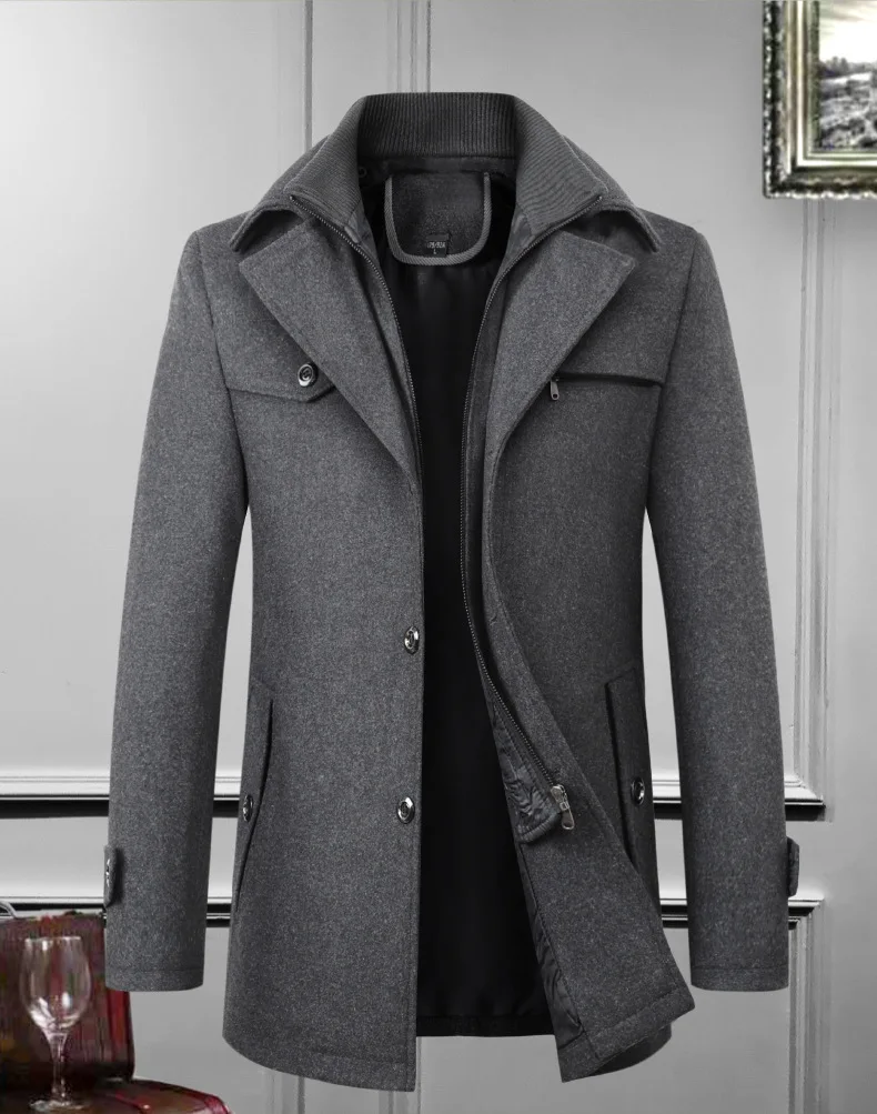 2026 Autumn Winter Men's Double Collar Woolen Coat Medium Length Style Casual Cotton Thickened Warm Outdoor Pure Color Coat