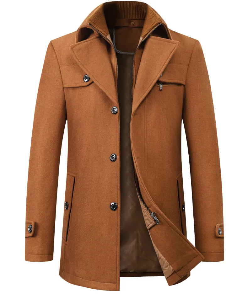 2026 Autumn Winter Men's Double Collar Woolen Coat Medium Length Style Casual Cotton Thickened Warm Outdoor Pure Color Coat