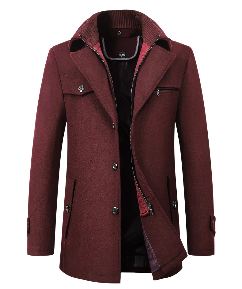 2026 Autumn Winter Men's Double Collar Woolen Coat Medium Length Style Casual Cotton Thickened Warm Outdoor Pure Color Coat