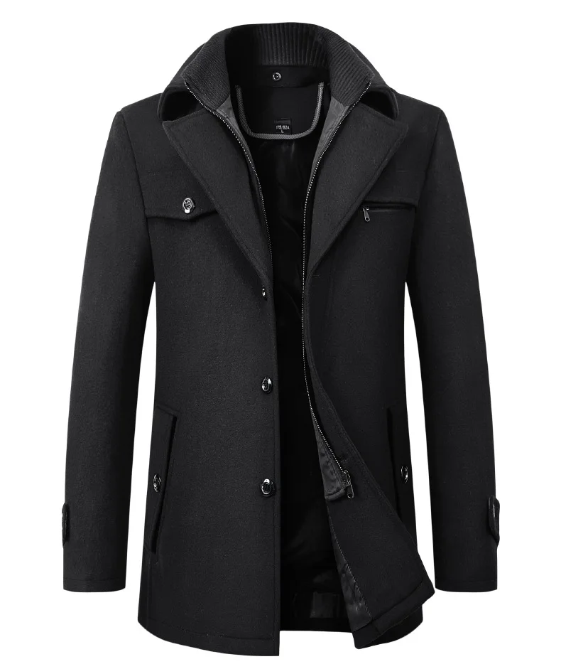 2026 Autumn Winter Men's Double Collar Woolen Coat Medium Length Style Casual Cotton Thickened Warm Outdoor Pure Color Coat