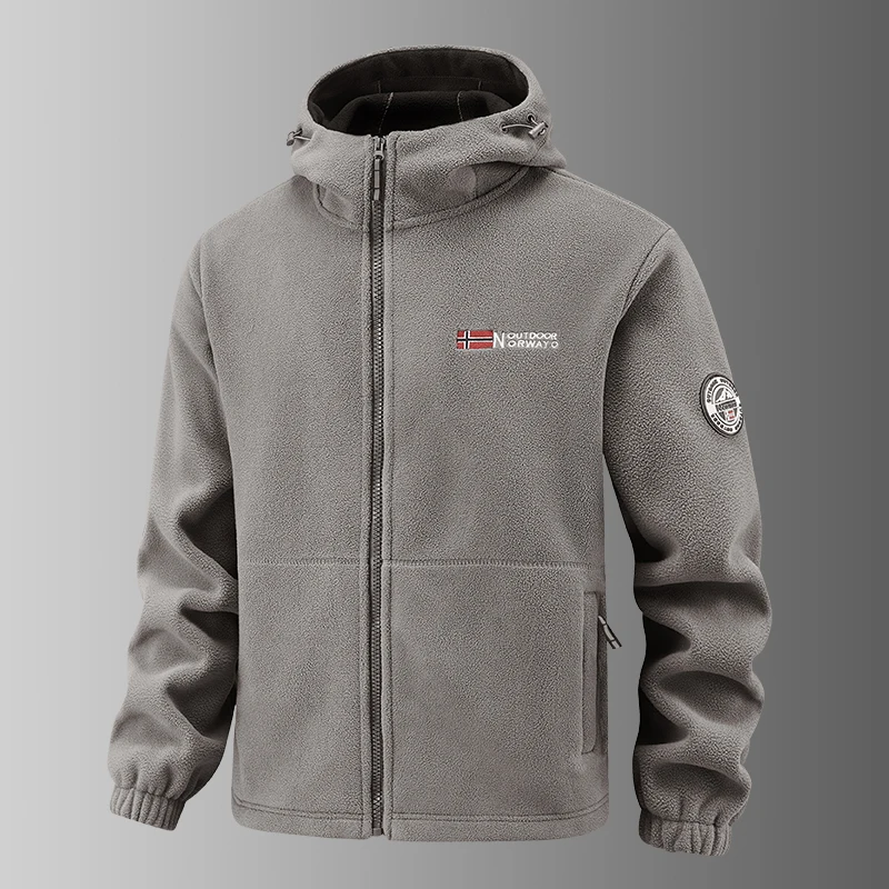 2025 Fleece Men's Coat Thickened Warm Windproof Loose Outdoor Collar Fleece Hooded Jacket Norwegian Printed Good Soldier