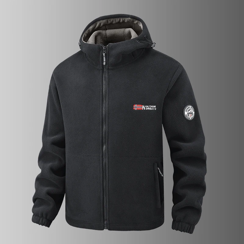2025 Fleece Men's Coat Thickened Warm Windproof Loose Outdoor Collar Fleece Hooded Jacket Norwegian Printed Good Soldier
