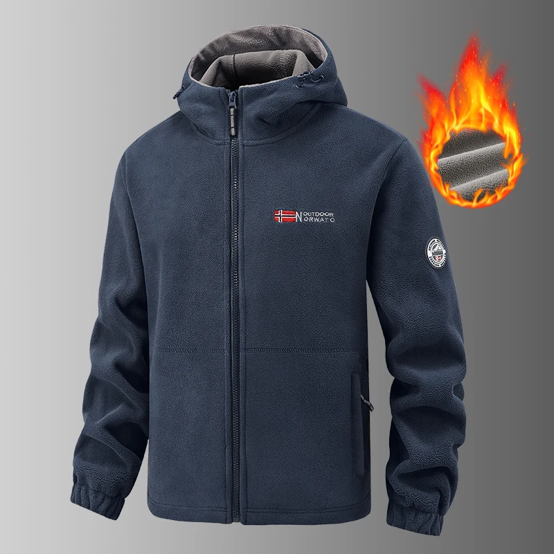 2025 Fleece Men's Coat Thickened Warm Windproof Loose Outdoor Collar Fleece Hooded Jacket Norwegian Printed Good Soldier