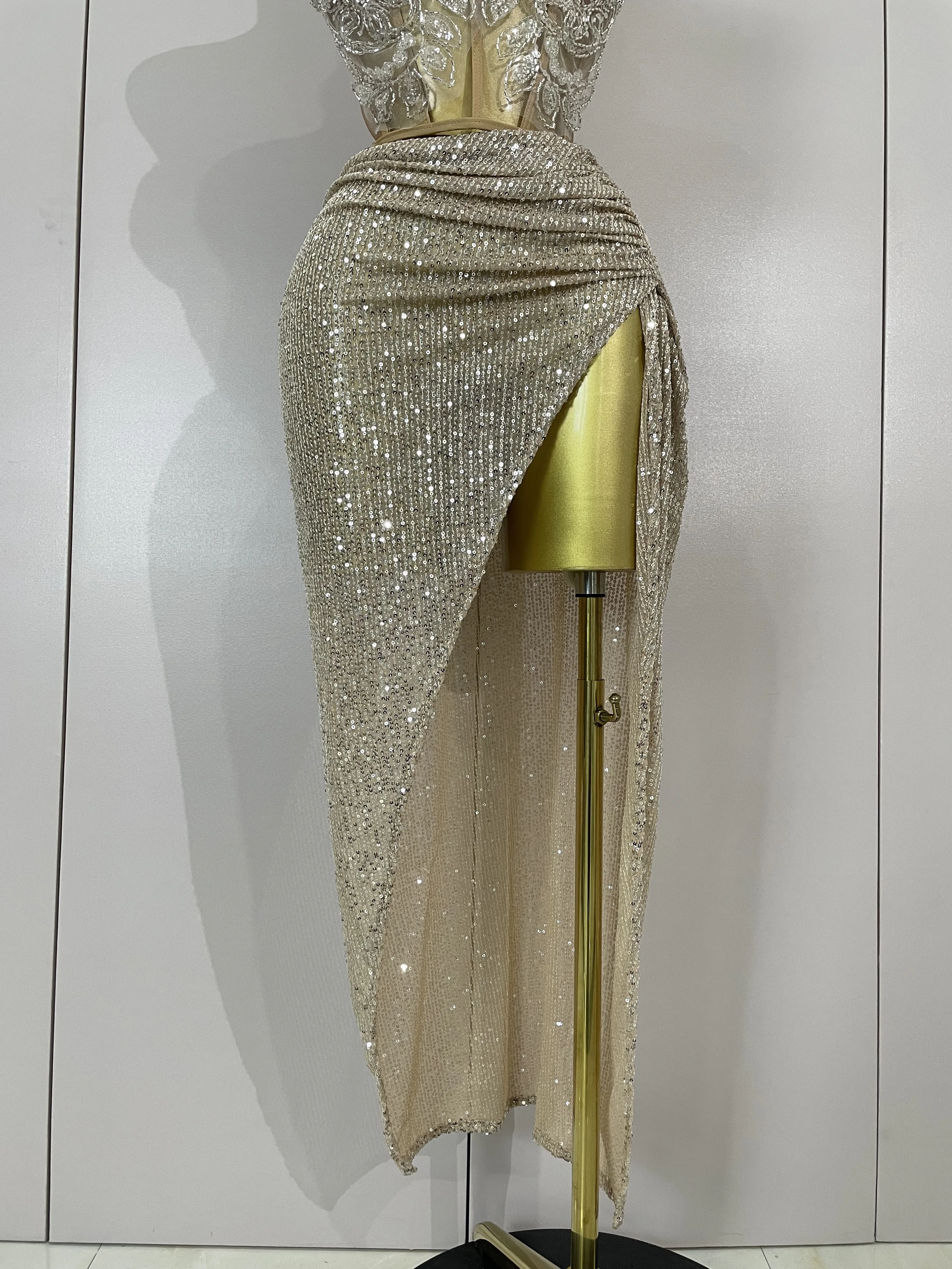 Sparkly Sequin Beading Sexy Strapless Two Pieces Set Women Evening Celebrate Nightclub Party Luxury Birthday Dress Stage Costume