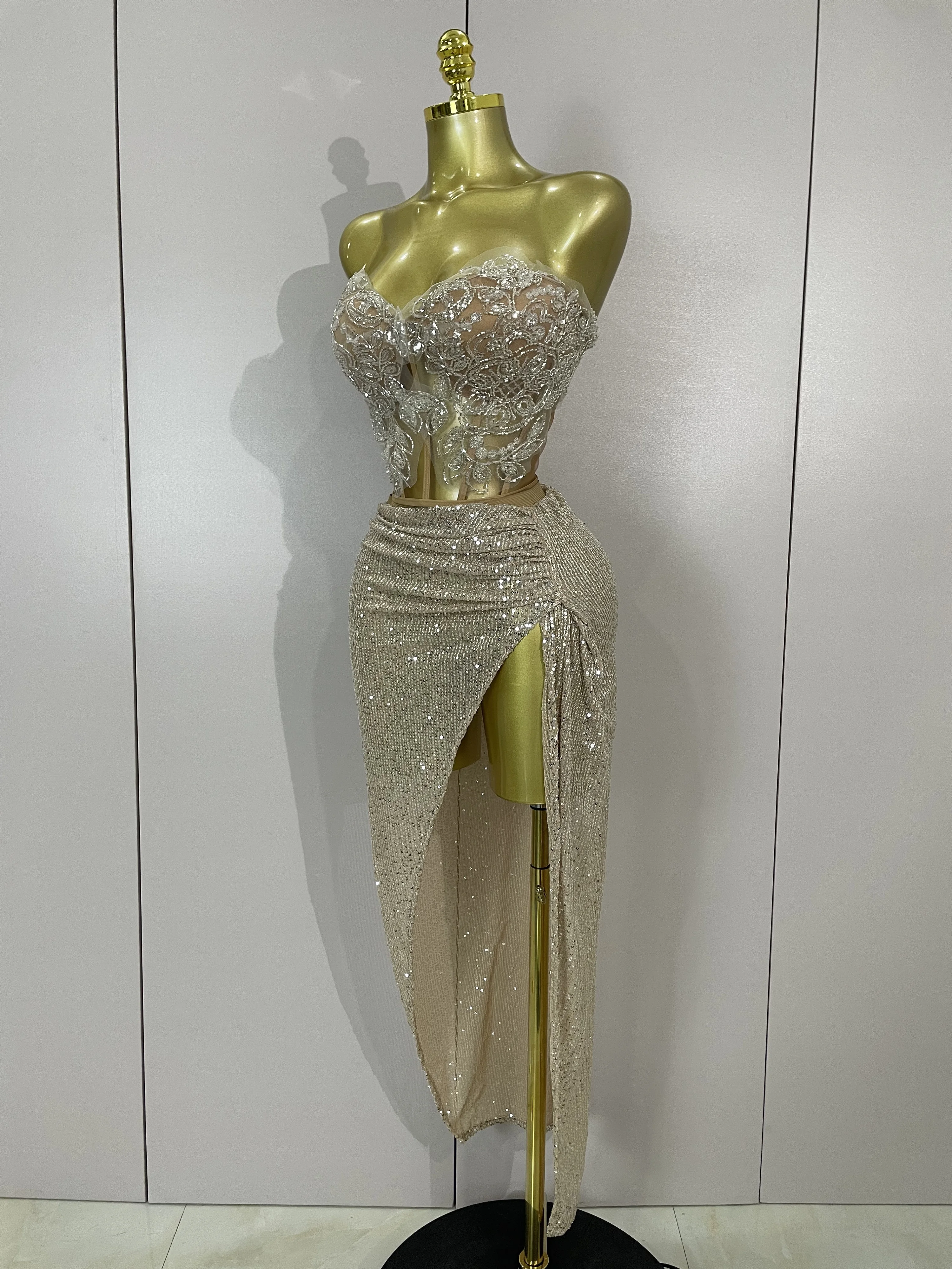 Sparkly Sequin Beading Sexy Strapless Two Pieces Set Women Evening Celebrate Nightclub Party Luxury Birthday Dress Stage Costume
