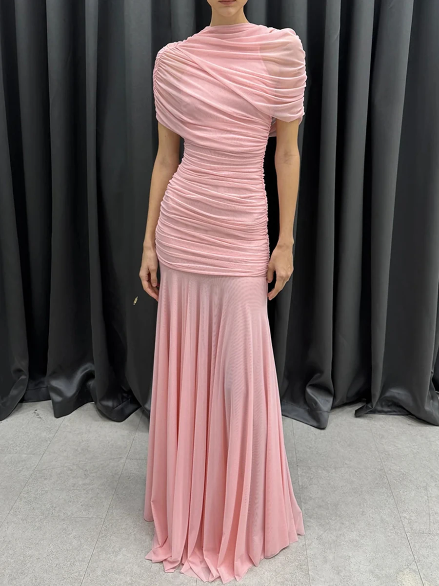 VGH Luxury Galas Event Black Sheer Mesh Ruched Maxi Dress for Women O Neck Short Sleeves Bodycon Silhouette Skirt for Red Carpet