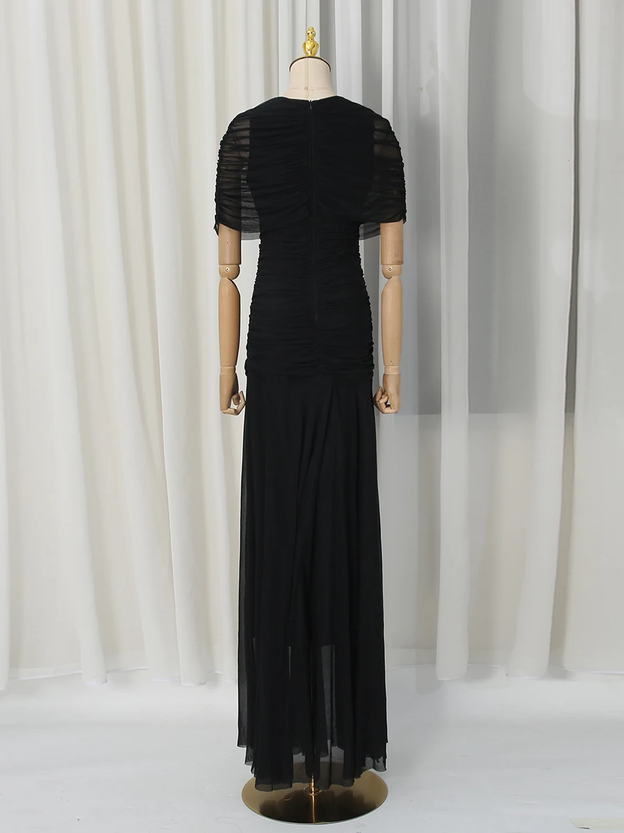 VGH Luxury Galas Event Black Sheer Mesh Ruched Maxi Dress for Women O Neck Short Sleeves Bodycon Silhouette Skirt for Red Carpet