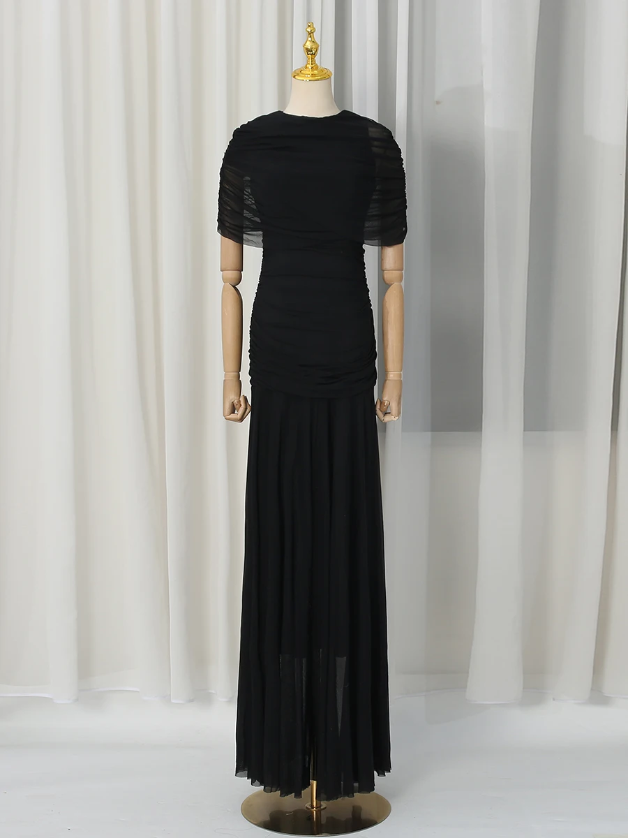 VGH Luxury Galas Event Black Sheer Mesh Ruched Maxi Dress for Women O Neck Short Sleeves Bodycon Silhouette Skirt for Red Carpet