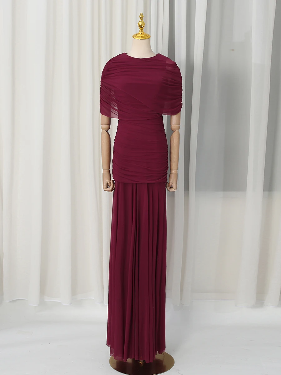 VGH Luxury Galas Event Black Sheer Mesh Ruched Maxi Dress for Women O Neck Short Sleeves Bodycon Silhouette Skirt for Red Carpet