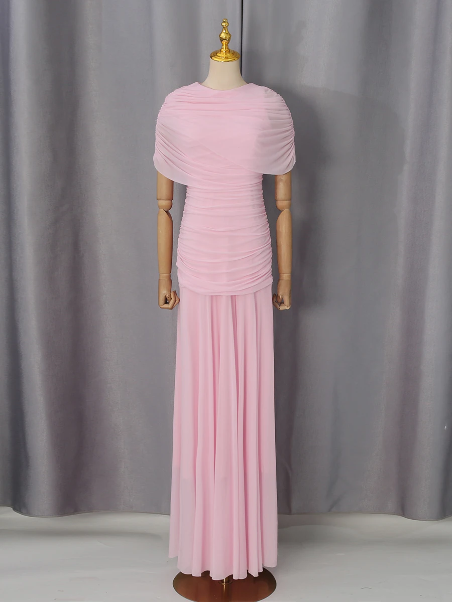 VGH Luxury Galas Event Black Sheer Mesh Ruched Maxi Dress for Women O Neck Short Sleeves Bodycon Silhouette Skirt for Red Carpet