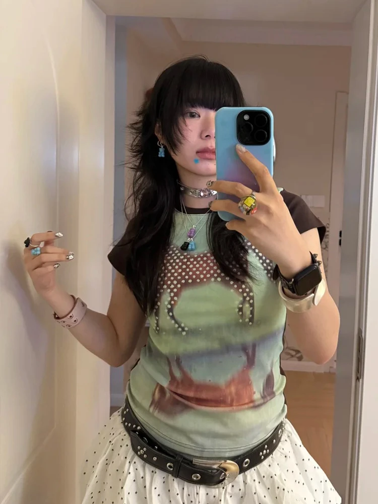 Tonngirls Y2k Japanese Print T Shirt Women Short Sleeve Aesthetic 2000s Crop Tops American Retro 90s Graphic Tops Streetwear